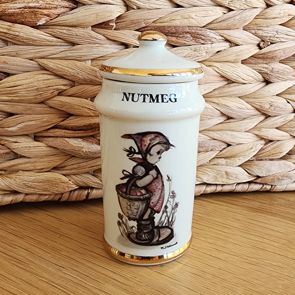 Vintage M. J. Hummel Nutmeg Ceramic Jar with Gold Accents